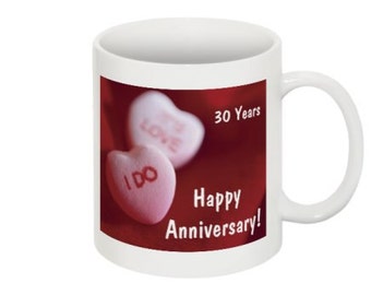 Candy Hearts Happy Anniversary Coffee Mugs - Set of 2 - for 25th, 30th or 40th Wedding Anniversary