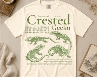 Maglietta con geco crestato, maglietta per lo studio del geco crestato giapponese, regalo per amanti dei rettili, maglietta con colori comodi per le lucertole, maglietta esotica a tema natura.