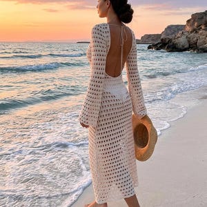 Women's Crochet Beach Cover Up Dress, Backless Tie-Up Swimsuit Cover Up, Long Bell Sleeve Hollow Out Dress, Resort Vacation Wear