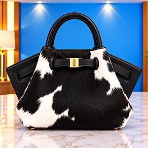 May include: A structured handbag featuring a black and white cow print pattern on the front panel, black leather side panels, a single top handle, and a horizontal black leather strap across the center secured with a gold-toned metal clasp.