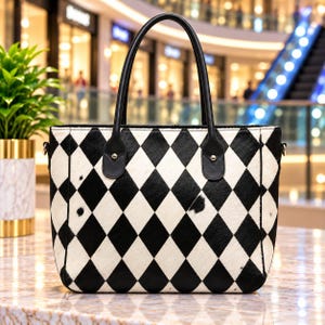 Black White Cowhide Patchwork Tote Bag, Geometric Diamond Pattern, Western Style Leather Handbag