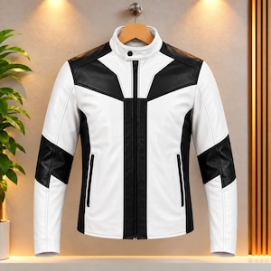 Handmade Black White Leather Biker Jacket: Modern Motorcycle Style