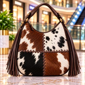 May include: A hobo-style handbag featuring a patchwork design of cowhide with brown, white, and black fur patterns. The bag includes a dark brown leather handle, long leather fringe on both sides, and visible whipstitch detailing.