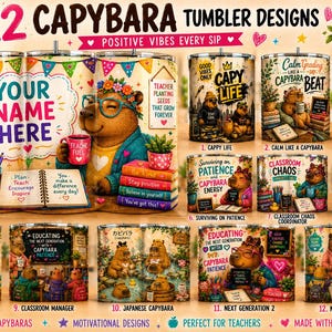 12 Capybara Teacher Tumbler Wrap Bundle | 20oz Tumbler Designs | School gift | Cute funny Capybara | Sublimation Wraps download | Capy fun