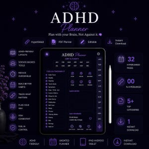 May include: A digital ADHD Planner displayed on a tablet screen with a white stylus. The interface features a dark purple theme with white text, including sections for tools, trackers, monthly navigation, and quick notes, all organised for productivity.
