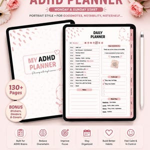 May include: A digital ADHD planner displayed on two tablets with a stylus. The screen shows a daily planner layout with sections for tasks, gratitude, to-do lists, and meal plans. The design features soft pink accents, text, and icons.