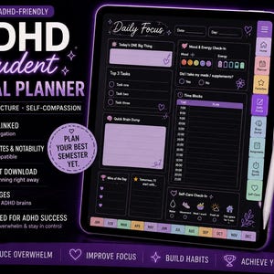 May include: A digital planner displayed on a tablet screen with a dark theme, purple accents, and white text. The interface features sections for daily focus, mood tracking, task lists, and time blocks, alongside a stylus pen positioned on the right side.