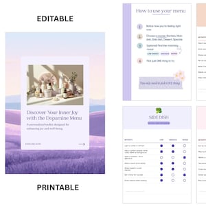 May include: A digital dopamine menu toolkit featuring a cover page with the text Discover Your Inner Joy with the Dopamine Menu and five categorized activity pages titled Starters, Main Dish, Side Dish, Dessert, and Specials with checkboxes.