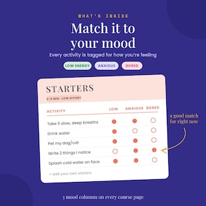 Op de afbeelding: Een digitale kaart met de titel Match it to your mood en de ondertitel Every activity is tagged for how you are feeling. Het bevat een tabel genaamd STARTERS met activiteiten zoals Take 5 slow, deep breaths en Drink water, gecategoriseerd op stemming.