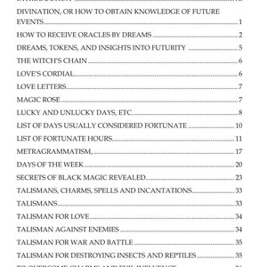 Op de afbeelding: Een zwart-witte inhoudsopgavepagina met de kop Table of Contents. Het bevat hoofdstukken zoals Introduction, Divination, How to Receive Oracles by Dreams, The Witch's Chain, Love's Cordial, Magic Rose en Secrets of Black Magic Revealed.