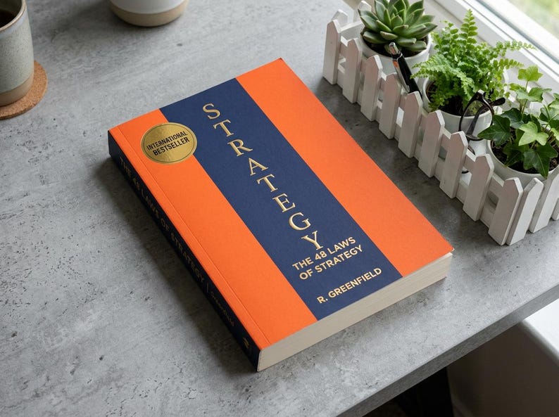 May include: A hardback book titled Strategy: The 48 Laws of Strategy by R. Greenfield. The cover features a bold orange and dark blue vertical design with gold lettering and a circular gold International Bestseller seal on the front cover.