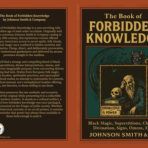 Op de afbeelding: Een boek getiteld The Book of Forbidden Knowledge met een donkerbruine kaft en een groenblauwe illustratie. De voorkant toont een bebaarde figuur, een schedel en de tekst Knowledge Is Power. De achterkant bevat beschrijvende tekst over het boek.