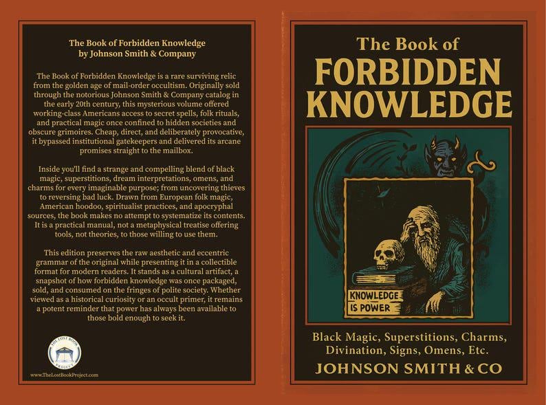 Op de afbeelding: Een boek getiteld The Book of Forbidden Knowledge met een donkerbruine kaft en een groenblauwe illustratie. De voorkant toont een bebaarde figuur, een schedel en de tekst Knowledge Is Power. De achterkant bevat beschrijvende tekst over het boek.