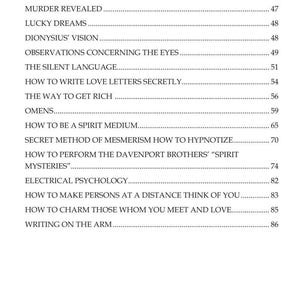 Op de afbeelding: Een zwart-witte inhoudsopgavepagina met tekstvermeldingen zoals Popular Superstitions, Magical Properties of Pins, Dreams That Come True, Murder Revealed, Lucky Dreams, Dionysius' Vision en Observations Concerning the Eyes.