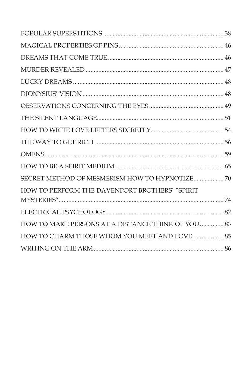 Op de afbeelding: Een zwart-witte inhoudsopgavepagina met tekstvermeldingen zoals Popular Superstitions, Magical Properties of Pins, Dreams That Come True, Murder Revealed, Lucky Dreams, Dionysius' Vision en Observations Concerning the Eyes.