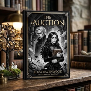May include: A hardcover book titled The Auction by Eliza Ravenwood, featuring a black and white cover illustration of a man and a woman in dark attire, with gold lettering and ornate border details set against a backdrop of gothic architecture.