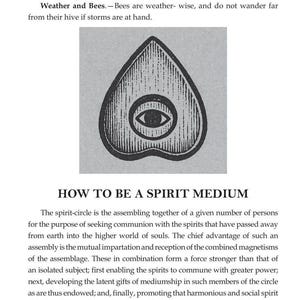Op de afbeelding: Een pagina uit The Book of Forbidden Knowledge met tekst over wassen en bijen, een zwart-witte illustratie van een hartvormige planchette met een oog in het midden, en een sectie getiteld How to be a Spirit Medium met paginanummer 65.