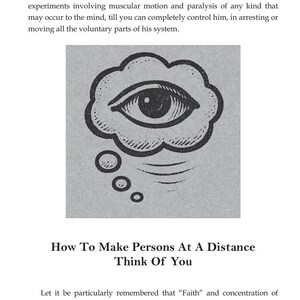 Op de afbeelding: Een pagina uit The Book of Forbidden Knowledge met de titel How To Make Persons At A Distance Think Of You. Het bevat een zwart-witte illustratie van een oog in een gedachtenwolk en tekst over mentale experimenten.