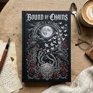 May include: A hardcover book titled Bound by Chains by S. L. Yu with a black cover featuring a silver archway, a full moon, two ravens, red roses, broken chains, and white paper cranes, centered with a silver shield displaying a trident emblem.