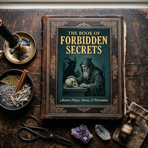 Op de afbeelding: Een hardcover boek getiteld The Book of Forbidden Secrets met een donkergroene kaft met een illustratie van een figuur met een kap en een schedel. Het boek is omringd door een brandende zwarte kaars, een kom met gedroogde kruiden en kristallen.