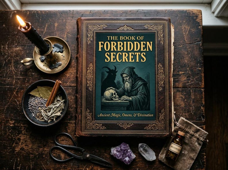 Op de afbeelding: Een hardcover boek getiteld The Book of Forbidden Secrets met een donkergroene kaft met een illustratie van een figuur met een kap en een schedel. Het boek is omringd door een brandende zwarte kaars, een kom met gedroogde kruiden en kristallen.