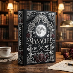 Könnte beinhalten: Ein schwarzes gebundenes Buch mit dem Titel Manacled mit silbernen Prägedetails, die zwei Raben, einen Vollmond, Ketten, Origami-Vögel und rote Rosen zeigen. Der Buchrücken zeigt ebenfalls den Titel Manacled in silberner Schrift auf schwarzem Grund.