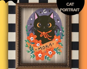 Custom Cute Hand-drawn Stylized Vampire Cat Portrait Digital Download Vintage floral Halloween Drawing gift cat lovers spooky Wall Art
