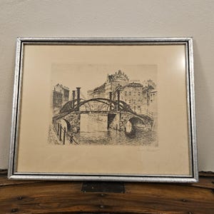 Original Vintage Bruno Reinhold Signed Etching – 1930s Original German Architectural Print, Historic Berlin Bridge & Canal, Framed Fine Art