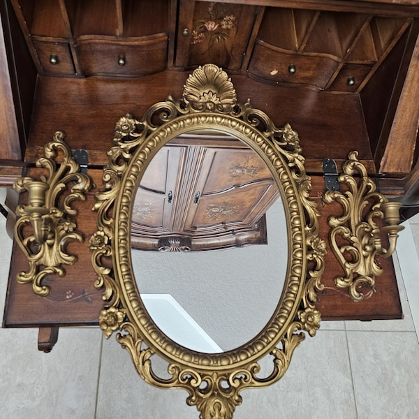 Vintage 1970s Hollywood Regency Gold Wall Mirror & Candle Sconces Set, Ornate Baroque Gilt Mirror with Matching Pair of Sconces, IMC USA