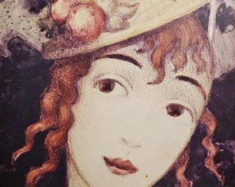 Vintage 1982 Jack Morgenroth Lithograph Portrait - Elegant Woman in Hat - Custom Framed Miami Rex Art Gallery Fine Art