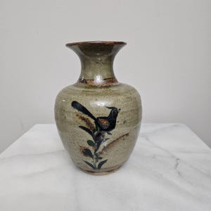 Vintage Tonalá Mexican Folk Art Pottery Vase - Hand Painted Bird Stoneware Ceramic - 1970s 1980s Mid Century Boho Decor