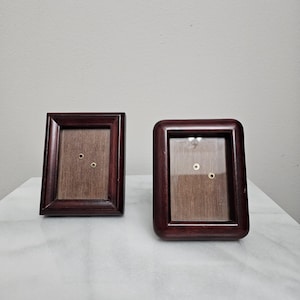 Antique Miniature Wood Picture Frames Pair 1920s Art Deco Wallet Size Small Tabletop Desk Frames with Unique Wood Sliding Backs Mismatched S