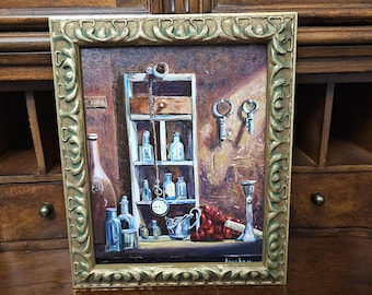 Original Still Life Oil Painting by Jose Manuel Abraham – Framed & Signed with COA, Antique Trompe l'Oeil Apothecary