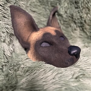 May include: A sculpted dog mask featuring a tan and black coat pattern with large upright ears, a dark muzzle, and a smooth black nose. The mask has deep-set eye sockets and a textured surface finish, capturing the likeness of a Belgian Malinois.