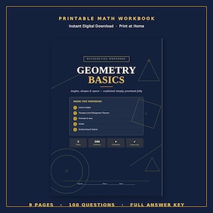 May include: A printable math workbook titled Geometry Basics with a dark blue cover and gold text. The cover features geometric shapes, a list of five topics including lines, angles, and triangles, plus 100 questions and an answer key.