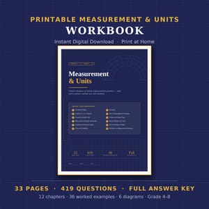 Może przedstawiać: Drukawalny zeszyt ćwiczeń zatytułowany Measurement & Units na ciemnoniebieskim tle z białymi liniami siatki. Tekst na okładce wymienia dwanaście rozdziałów, w tym układ metryczny, długość, pole powierzchni, objętość i czas, zawierający 419 pytań.
