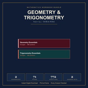 Geometri- och trigonometriarbetsbok med svarsnycklar | 2 arbetsböcker, 71 sidor, 772 frågor | Utskrivbar matematik för årskurs 7-13, GCSE