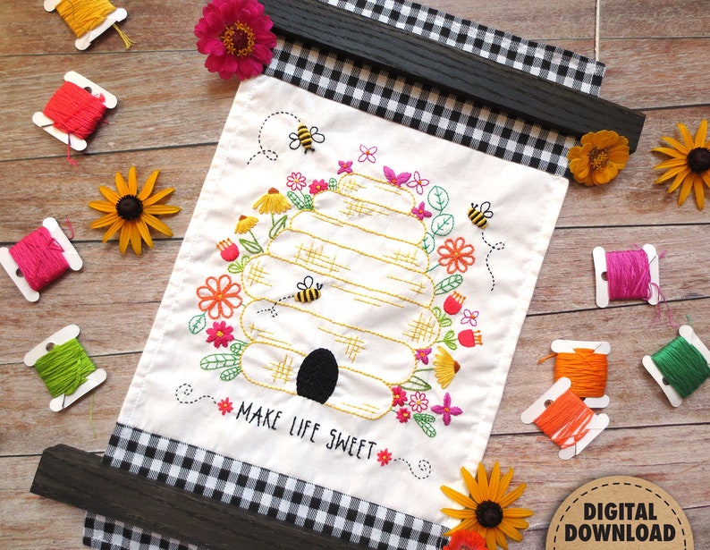 Bee Embroidery Pattern, Beehive, Honeybees, Honey Bee Decor, Beekeeper Gift, Bumblebee, Make Life Sweet, Floral Embroidery, Digital Download image 9