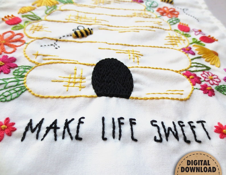Bee Embroidery Pattern, Beehive, Honeybees, Honey Bee Decor, Beekeeper Gift, Bumblebee, Make Life Sweet, Floral Embroidery, Digital Download image 3