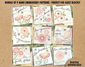 Nine Pattern Bundle, Bumblebee Embroidery Patterns, Honeybee Panel, Honey Bee Decor, Bee, Quilt Blocks, Country Decor, Instant Download, PDF