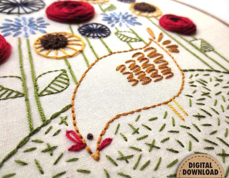Chicken Embroidery Pattern, Hen Embroidery, Autumn Embroidery, Primitive Fall Decor, Fall Floral, Stitch Sampler, Hand Embroidery, Farmhouse image 2