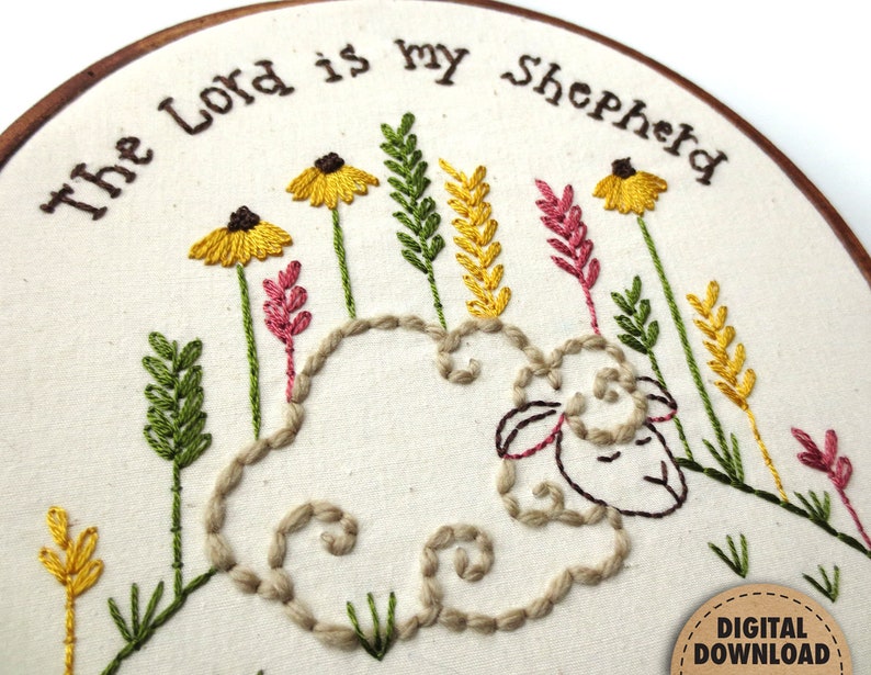 Psalm 23, The Lord is my Shepherd, Sheep Embroidery Pattern, Bible Verse, Primitive Easter Spring Decor, Christian Nursery, Instant Download image 2