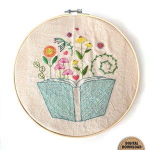 Floral Book Embroidery Pattern, Garden Embroidery Design, Booklover Gifts, Reading Nook Decor, Stitch Sampler, Hand Embroidery, DIY Tote Bag image 6