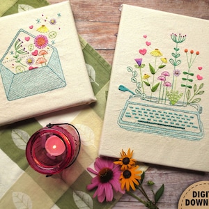 Garden Embroidery Pattern, Embroidery Bundle, Floral Embroidery, Envelope, Vintage Typewriter, Stitch Sampler, Hand Embroidery, Writer Gifts