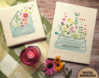 Garden Embroidery Pattern, Embroidery Bundle, Floral Embroidery, Envelope, Vintage Typewriter, Stitch Sampler, Hand Embroidery, Writer Gifts