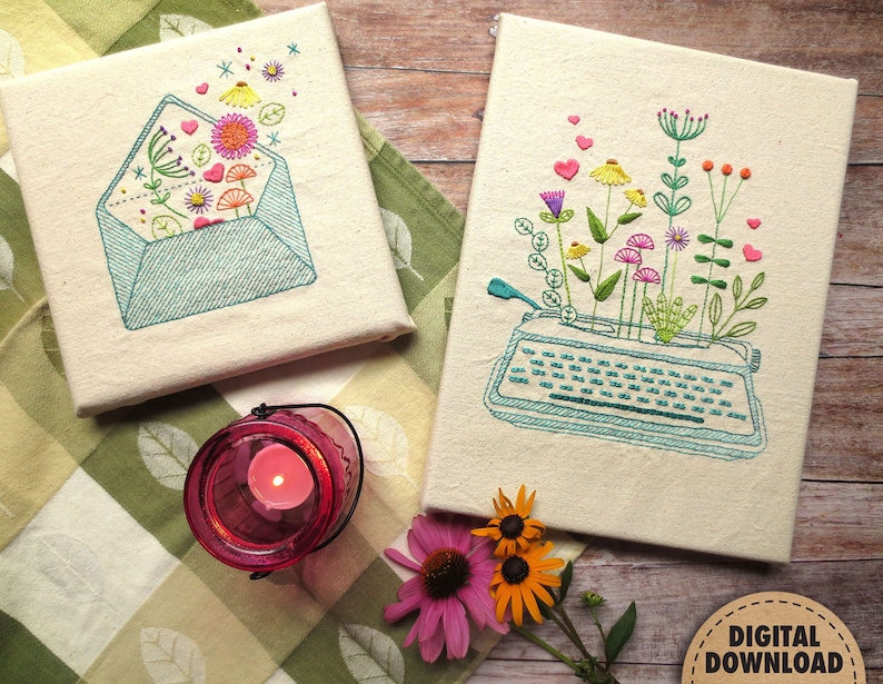 Garden Embroidery Pattern, Embroidery Bundle, Floral Embroidery, Envelope, Vintage Typewriter, Stitch Sampler, Hand Embroidery, Writer Gifts image 1