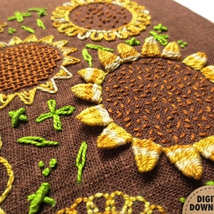 Sunflower Embroidery Pattern, Stitch Sampler, Floral Embroidery, Primitive Decor, Farmhouse Decor, Hand Embroidery, Digital Download, Summer image 6