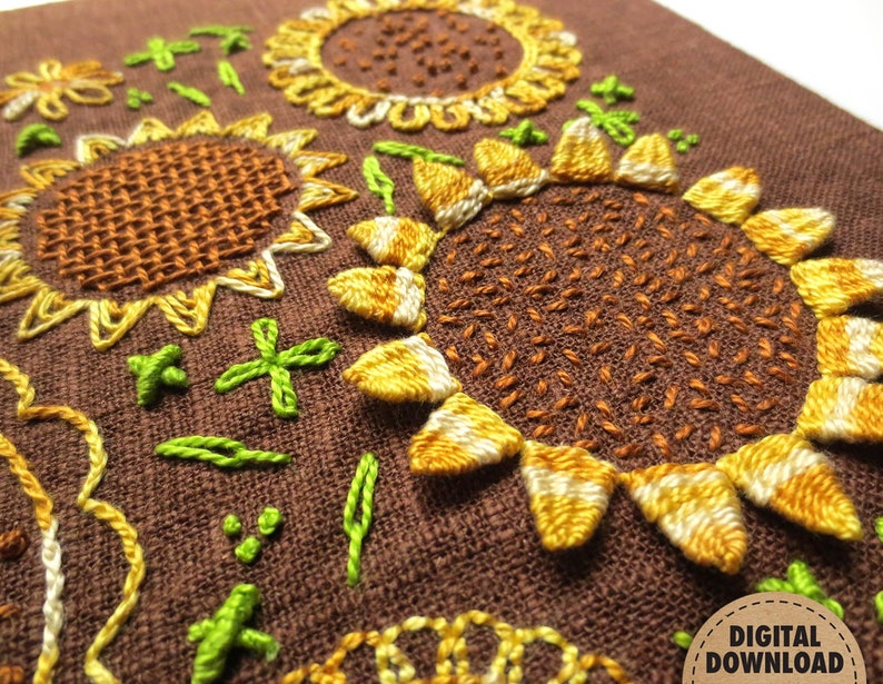 Sunflower Embroidery Pattern, Stitch Sampler, Floral Embroidery, Primitive Decor, Farmhouse Decor, Hand Embroidery, Digital Download, Summer image 6