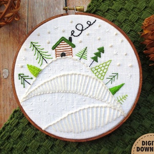 Cabin Embroidery Pattern, Winter Embroidery Design, Christmas Stitching, Rustic Home Decor, Downloadable, Hand Embroidery, Woodland, Snow image 1