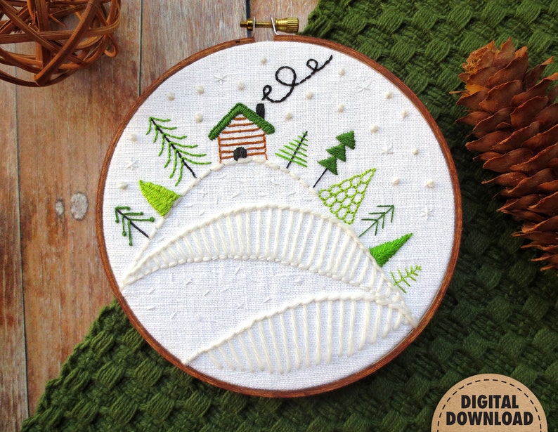 Cabin Embroidery Pattern, Winter Embroidery Design, Christmas Stitching, Rustic Home Decor, Downloadable, Hand Embroidery, Woodland, Snow image 1